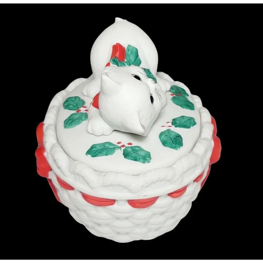 VTG Lefton Porcelain Christmas Kitty Trinket‎ Dish Bowl Holly Ribbon 1987 READ